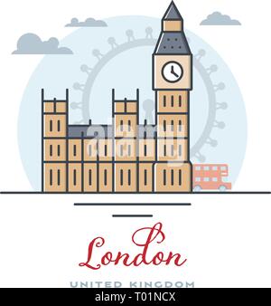 Big Ben and Westminster Palace at London, United Kingdom, flat vector illustration. Tourism and travel icon. Stock Vector