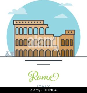 Coliseum amphitheater at Rome, Italy, flat vector illustration. Tourism and travel icon. Stock Vector