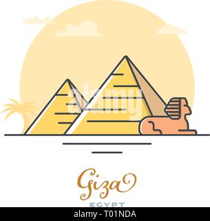 Pyramids and Sphinx at Giza, Egypt, flat vector illustration. Tourism and travel icon. Stock Vector