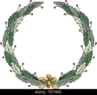 christmas frame wreath with ribbon and bow green leaves Stock Vector