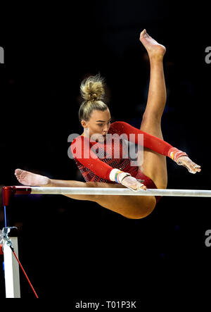 Isla Warr from Park Wrekin School of Gymnastics during the Gymnastics British Championships 2019 at the M&S Bank Arena, Liverpool. Stock Photo
