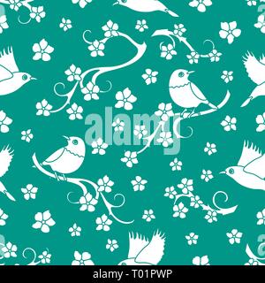 Seamless pattern with sakura branches, birds. Japan nature. Branches of cherry blossoms. Design for card, announcement, advertisement, banner or print Stock Vector