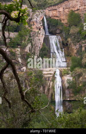 Picturesque rock landscape of Sant Miquel del Fai with water cascades in spring day Stock Photo