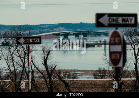 Flood waters in Bellevue, Nebraska resulting from the Bomb Cyclone and Missouri River and Platte River overflow. Stock Photo