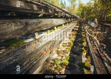 Old football stadium in Chornobyl exclusion zone. Radioactive zone in Pripyat city - abandoned ghost town. Chernobyl history of catastrophe Stock Photo