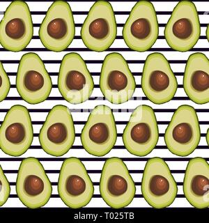 Seamless pattern of halved avocado fruit with bone on a striped background. Vector illustration Stock Vector