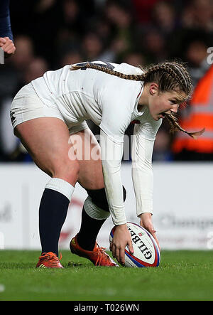 England's Jess Breach scores here side 2nd try during the Women's Six Nations match at Twickenham Stadium, London.