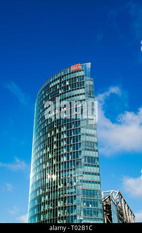 The Deutsche Bahn tower of Berlin at potsdamer platz. The German Train company. Stock Photo