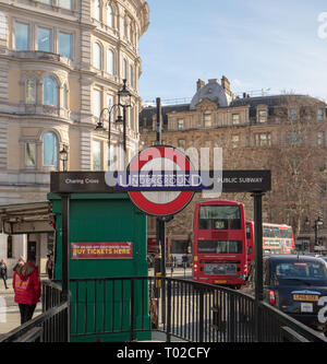 Subway sign and entrance of London of Charing Cross Underground. Stock Photo