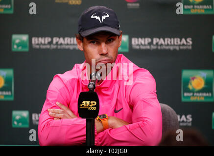 California, USA. 16th March 2019.  Rafael Nadal (ESP) speaks to members of the media after withdrawing due to injury from his men's singles semifinal match against Roger Federer (SUI) at the 2019 BNP Paribas Open at Indian Wells Tennis Garden in Indian Wells, California. Charles Baus/CSM Credit: Cal Sport Media/Alamy Live News Stock Photo