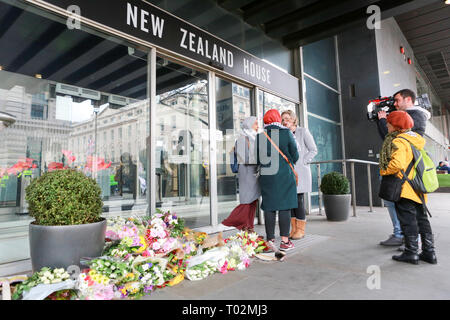 London, UK. 16th March, 2019. Flowers outside New Zealand House and at The New Zealand War Memorial for the victims of the gun attack in Christchurch. Penelope Barritt/Alamy Live News Stock Photo