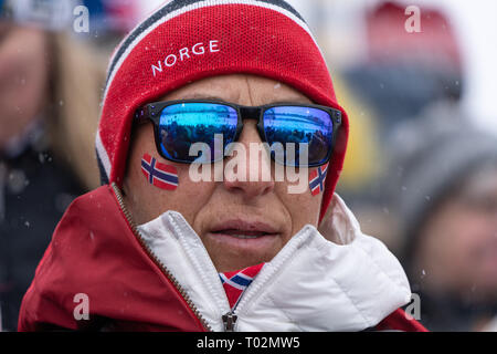Ski Stadium, Oestersund, Sweden, 17th March 2019 It was Men's and Women's Relays day at the IBU Biathlon World Championships and 20,000 fans filled the stadium in Östersund. Pictured: Fans soak up the electric atmosphere Picture: Rob Watkins/Alamy News Stock Photo