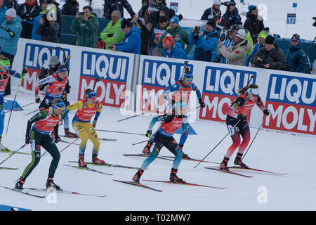 Ski Stadium, Oestersund, Sweden, 17th March 2019 It was Men's and Women's Relays day at the IBU Biathlon World Championships and 20,000 fans filled the stadium in Östersund. Pictured: The Women's Relay gets underway Picture: Rob Watkins/Alamy News Stock Photo