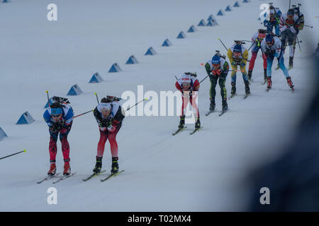 Ski Stadium, Oestersund, Sweden, 17th March 2019 It was Men's and Women's Relays day at the IBU Biathlon World Championships and 20,000 fans filled the stadium in Östersund. Pictured: The men come into the range for the first shooting. Picture: Rob Watkins/Alamy News Stock Photo