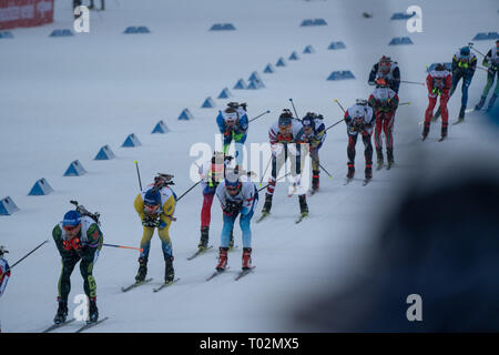 Ski Stadium, Oestersund, Sweden, 17th March 2019 It was Men's and Women's Relays day at the IBU Biathlon World Championships and 20,000 fans filled the stadium in Östersund. Pictured: The men come into the range for the first shooting. Picture: Rob Watkins/Alamy News Stock Photo