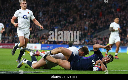 London, UK. 16th Mar, 2019. Stuart McInally of Scotland scores a try during the Guinness Six Nations match between England and Scotland at Twickenham Stadium. Credit: European Sports Photographic Agency/Alamy Live News
