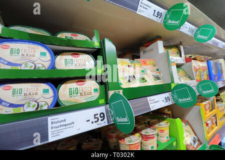 Berlin, Germany. 15th Mar, 2019. Range of products on the refrigerated  shelf in a Lidl supermarket in Berlin in the Schöneberg district.  Previously, the German Development Minister had taken a tour with