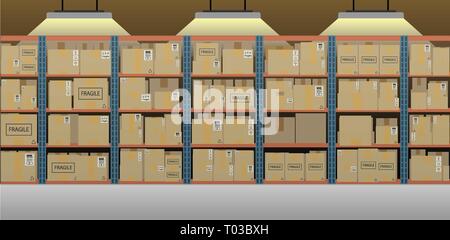 Warehouse interior with boxes on racks flat design vector illustration Stock Vector