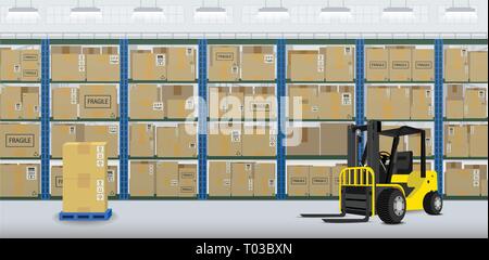 Forklift truck in distribution warehouse flat design vector illustration Stock Vector