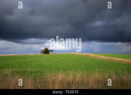 A small hut on the crest of a hill with green rural farm paddock in foreground and dark storm clouds in the sky about to bring rain. Stock Photo