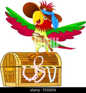 A parrot with a hat and a gun in his belt. A pirate parrot is standing on a treasure chest. Stock Vector