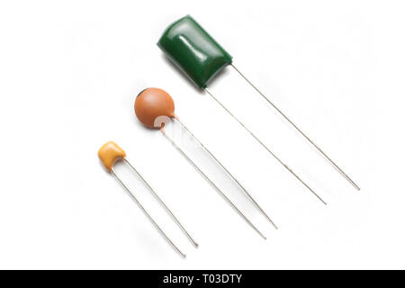 Ceramic capacitors three different types on white background Stock Photo