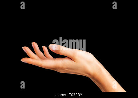 Woman showing open hand taking or showing something on black background. Isolated with clipping path. Stock Photo