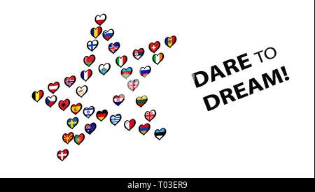 Europe Flags made Star on white background. Song contest. With lettering Dare To Dream Illustration Stock Photo