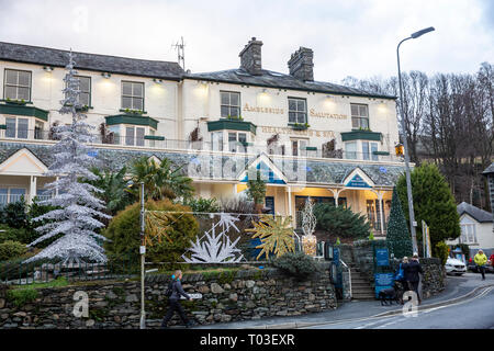 Ambleside Salutation hotel and health club spa in Ambleside town centre, on a winters day with christmas tree decorations ,Lake District, England Stock Photo