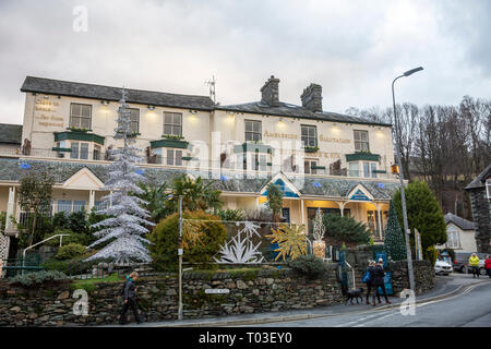 Ambleside Salutation hotel and health club spa in Ambleside town centre, on a winters day with christmas tree decorations ,Lake District, England Stock Photo