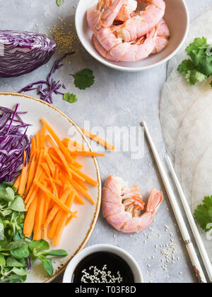 Ingredients for cooking spring rolls - carrots, corn salad, red cabbage, shrimp, rice paper on a gray background Stock Photo