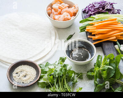Ingredients for cooking spring rolls - carrots, cucumbers, herbs, red cabbage, shrimps, rice paper on a gray background. Food set for cooking Vietname Stock Photo