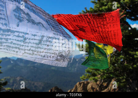 tibetan flags on mountain wallpaper collor wind Stock Photo