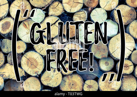 Text sign showing Gluten Free. Business photo text Diet with products not containing ingredients like wheat Wooden background vintage wood wild messag Stock Photo