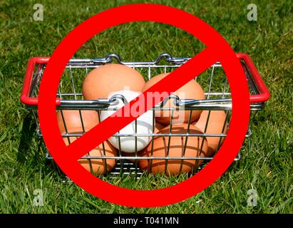 Chicken eggs in a shopping basket on the grass with a no entry sign in the foreground, UK. Stock Photo