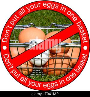 Chicken eggs in a shopping basket on the grass with the wording dont put all your eggs in one basket in a no entry sign. Stock Photo