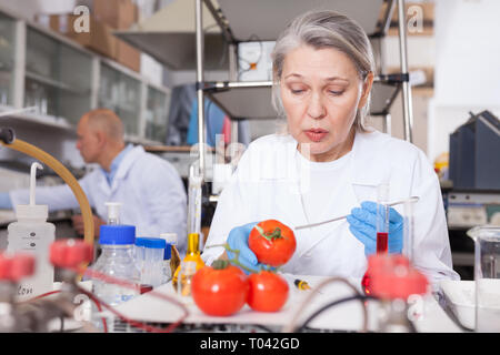 Professional female geneticist working in laboratory, conducting experiments with genetically modified fruits and vegetables Stock Photo