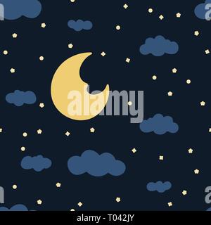 Night sky. Seamless pattern background. Vector illustration. Moon, clouds and stars. Sweet dreams. Stock Vector