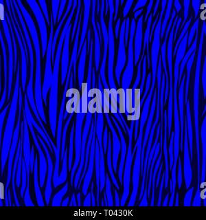 Zebra skin seamless pattern, animal texture, animalistic ornament, abstract waves tracery, vector background. Chaotic black blue stripes on indigo bac Stock Vector