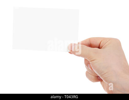 hand holding blank paper card isolated with two clipping paths included - one with hand and the second with card. Stock Photo
