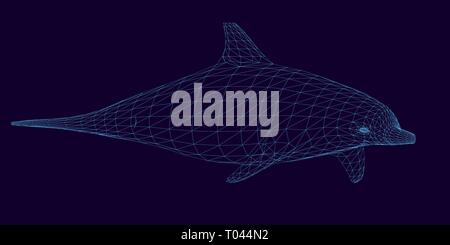 Wireframe of the polygonal dolphin of blue lines on a dark background. 3D. Side view. Vector illustration. Stock Vector