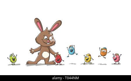 Cartoon rabbit with colorful easter eggs. Isolated on white background, with separate layers. Stock Vector