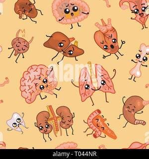 Cute organs Seamless pattern. Happy human, Set of smiling character. Cartoon kawaii icon. Healthy heart, stomach, liver, bladder, uterus organ, lungs Stock Vector