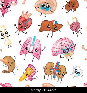 Cute organs Seamless pattern. Happy human, Set of smiling character. Cartoon kawaii icon. Healthy heart, stomach, liver, bladder, uterus organ, lungs Stock Vector