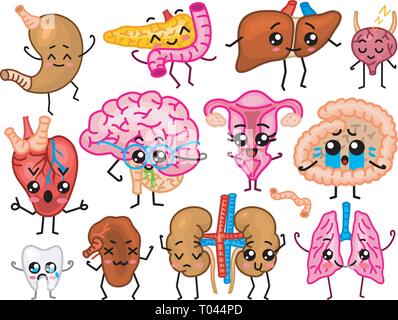 Cute organs. Happy human, Set of smiling characters. Vector pins, cartoon kawaii icons. Healthy heart, stomach, liver, bladder, uterus organ, lungs Stock Vector