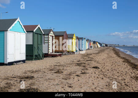 Beach huts at Thorpe Bay, near Southend-on-Sea, Essex, England Stock Photo