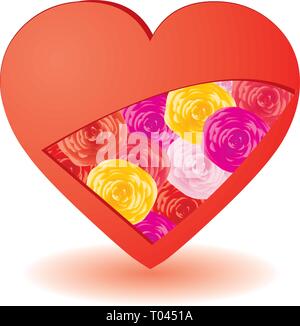 Red heart, decorated with colored roses in it, vector illustration Stock Vector