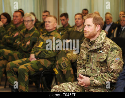 Prince Harry, Captain General of the Royal Marines, visits Bardufoss Air Force Base on the 50th anniversary of Operation Clockwork, the Arctic warfare training exercise  Featuring: Prince Harry, Duke of Sussex Where: Bardufoss, Norway When: 14 Feb 2019 Credit: John Rainford/WENN Stock Photo