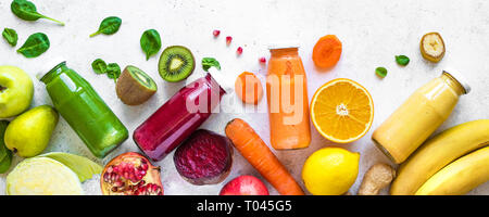 Various smoothies or juices in bottles and ingredients on white, healthy diet raw detox vegan clean food concept, top view, banner. Stock Photo