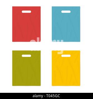 Colorful merchandise plastic bag with die cut handles isolated on white background, realistic vector mockup set. Template for design Stock Vector